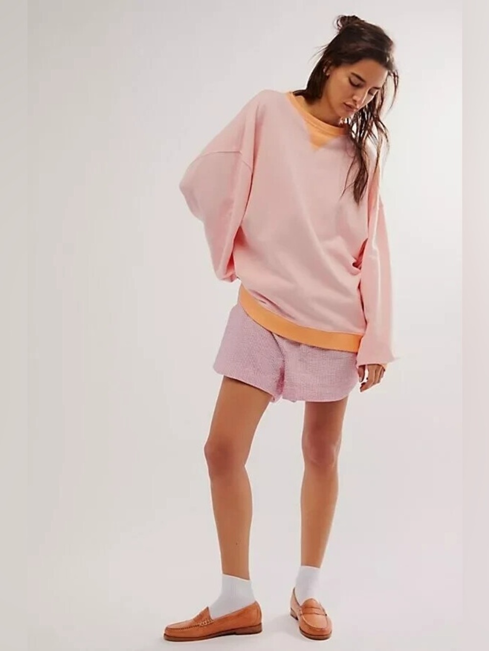 Free People - We The Free Pink Orange Colorblock Crewneck Sweatshirt Size Medium